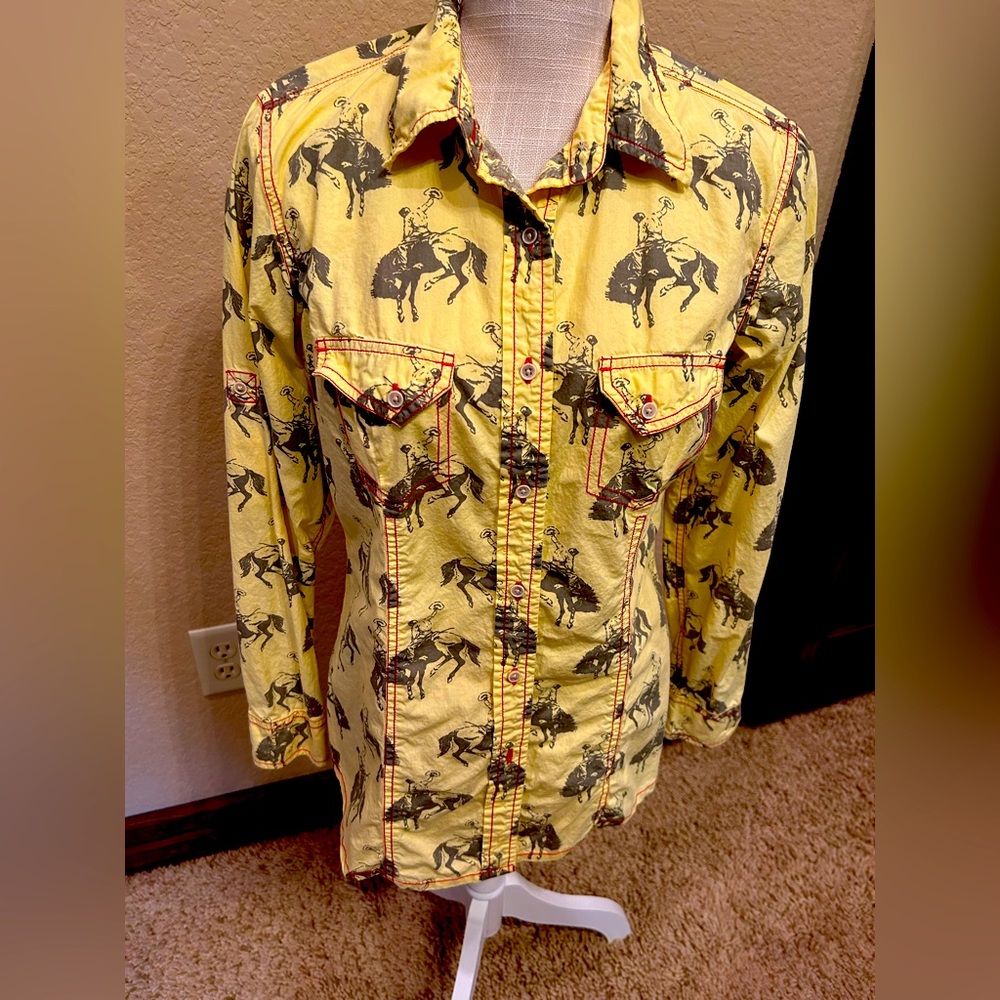 Barnfly bronc print western rodeo button up long sleeve shirt M made in USA